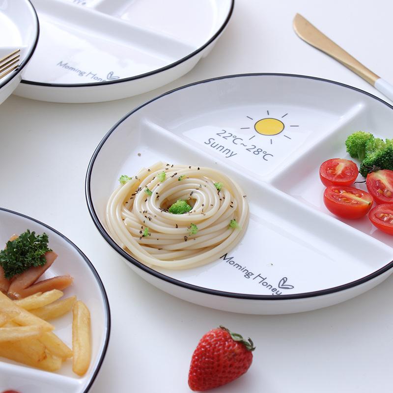 One Person Nordic Circular Partition Plate Ceramic Fruit Dim Sum Children's Dinner Plate 3-grid Plate Breakfast Fast Food Plates