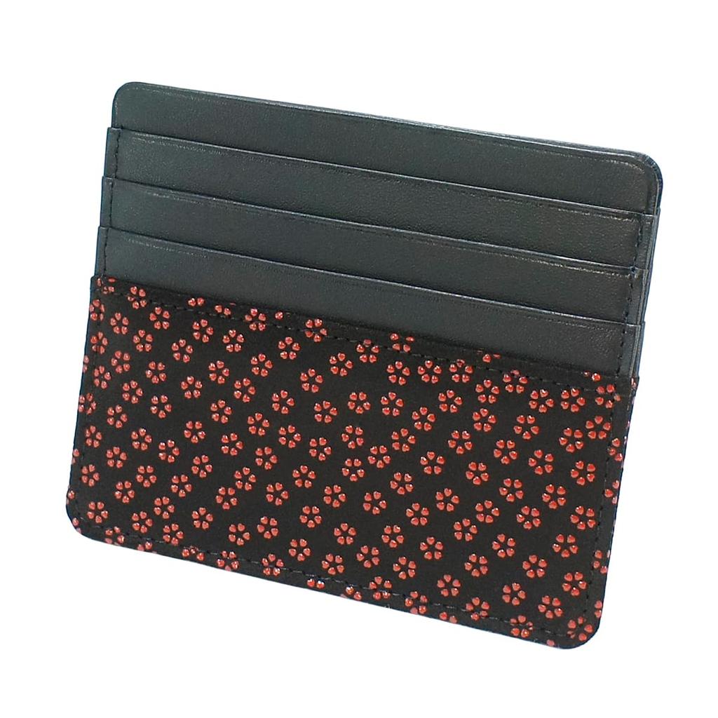 Indenya Slim Card Case, Thin, Deerskin Leather, Black with Red Lacquer, Small Cherry Blossom Pattern, 2530-21-002