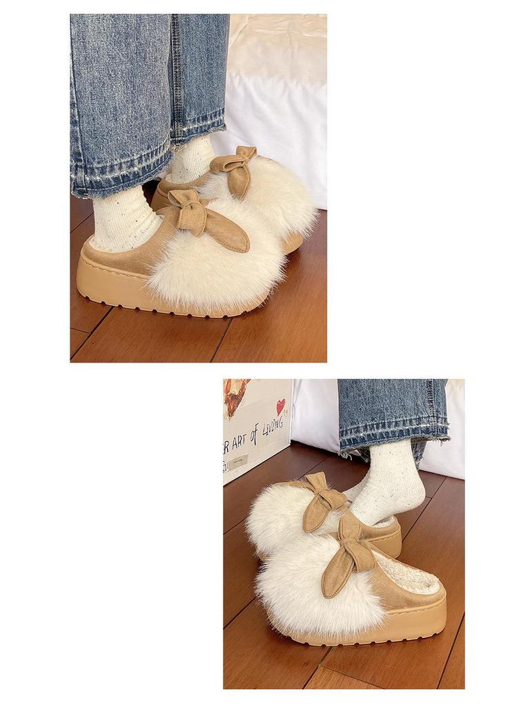 Women's Furry Bow Cotton Slippers: Thick-Soled, Velvet-Lined, Warm, Non-Slip for Autumn & Winter Indoors