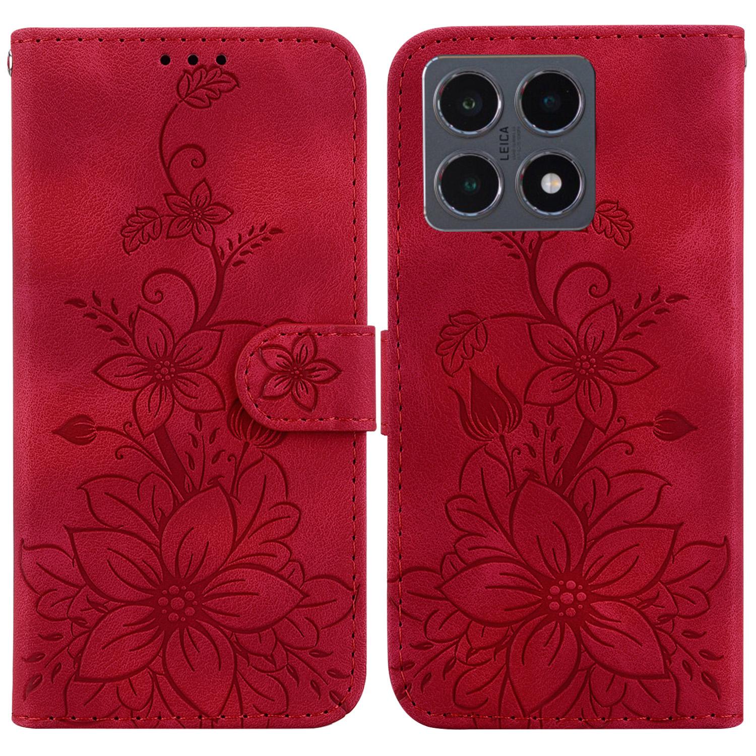 

For Xiaomi 15T Stand Case Lily Flower Imprint Leather Phone Cover with Wrist Strap