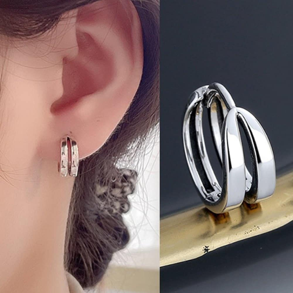 P1246W Silver S925 Double Bold One-Touch Ring Piercing Women's Earrings