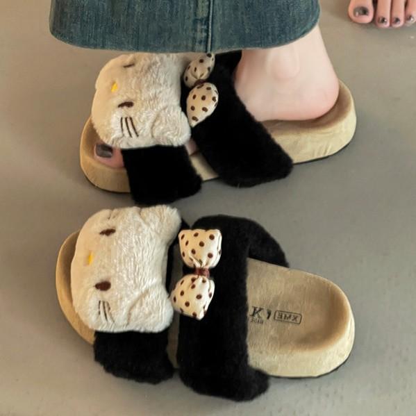 Fashion versatile retro cartoon kitten bag head slippers women's 2025 autumn and winter new home kt cat cotton mop