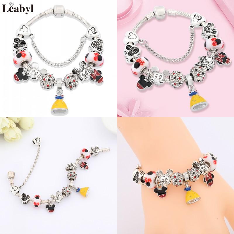 Potdemiel Pink Enamel Crystal Minnie Charm Bracelets Silver Color Heart Cartoon Bead Jewelry for Women Girl Gift