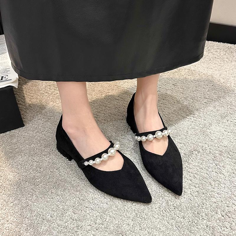 Fashion 2025 New Spring New Coarse Heel Shoes Women's Fashion Pointed Head Shallow Mouth Beaded Waterproof Non-slip Low-top Shoes