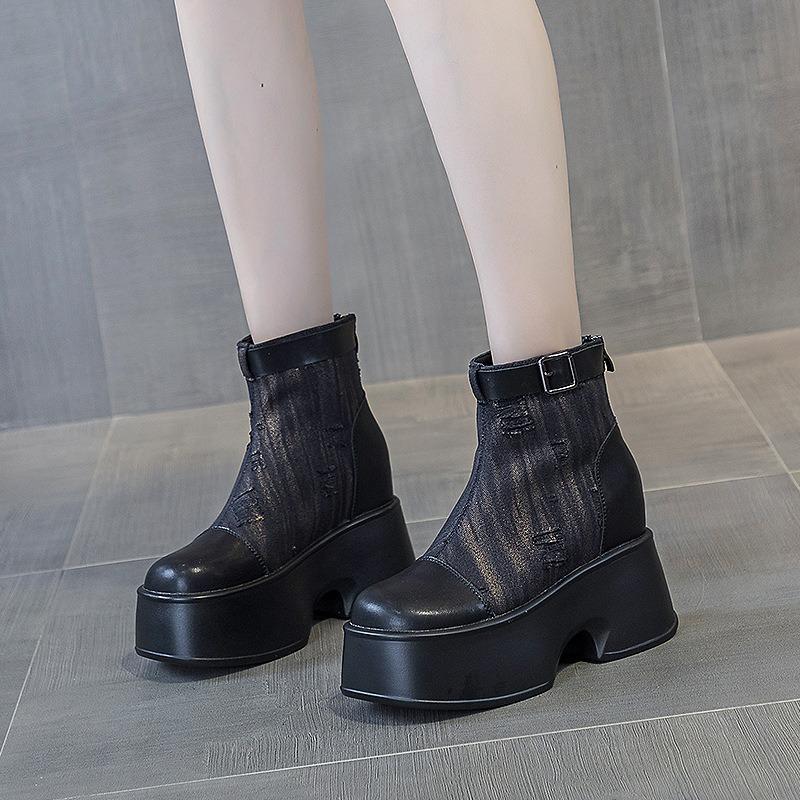 Fashion 11cm Denim Genuine Leather Women Fashion Spring Canvas Ankle Boots Platform Wedge Autumn Fashion High Brand Hidden Heels Shoes