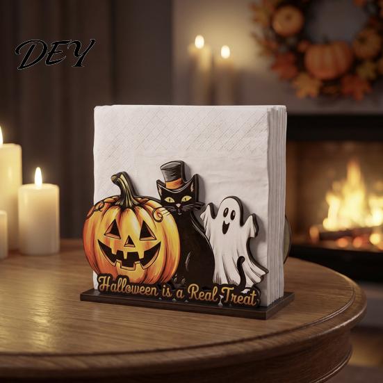Cute Desktop Storage Box Halloween Wooden Napkin Holder, Pastel Pumpkin Ghost Black Cat Tabletop Tissue Dispenser, Waterproof Party Table Decor