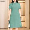 Vestido feminino casual gola alta cor sólida manga curta