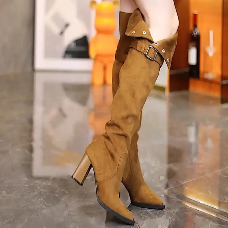 Winter Modern Women's Over The Knee Boots Fashion Pointed Toe Long Bootties Designer Thick Heels Botas De Mujer