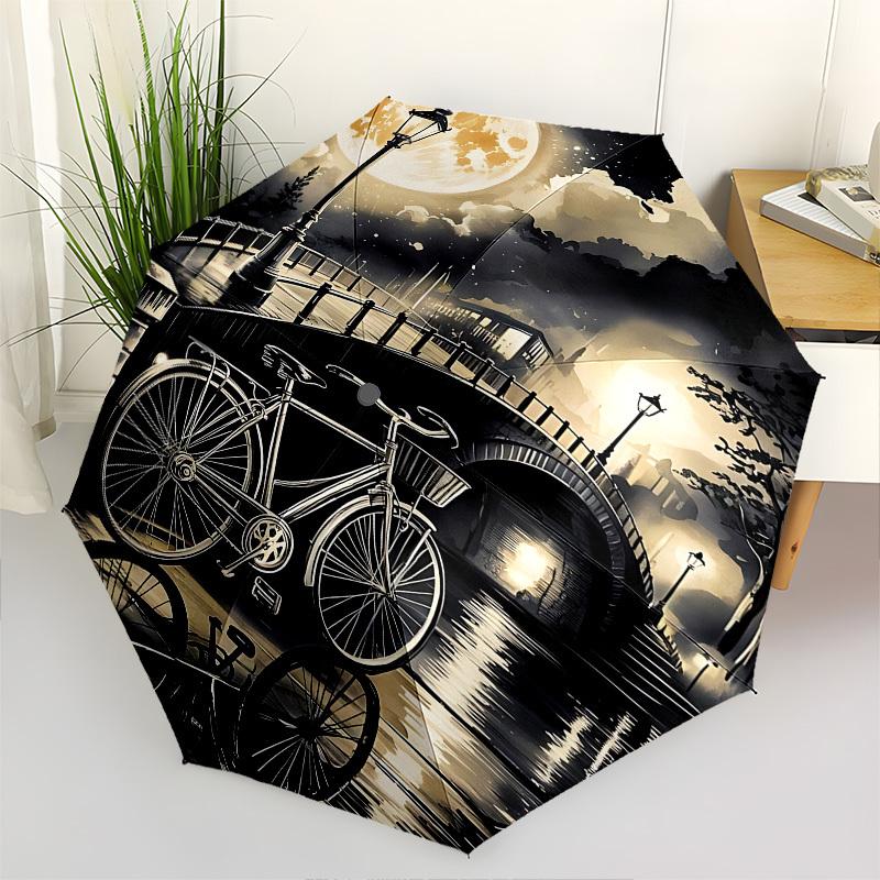 

Moonlit Bridge Bicycle Themed Automatic Opening and Closing Umbrella, Brightly Colored 8-rib Portable Umbrella, Suitable for Men and Women,