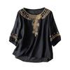 Women's Solid Color Cotton And Linen Short-sleeved Embroidered Retro Breathable T-shirt Round Neck Top