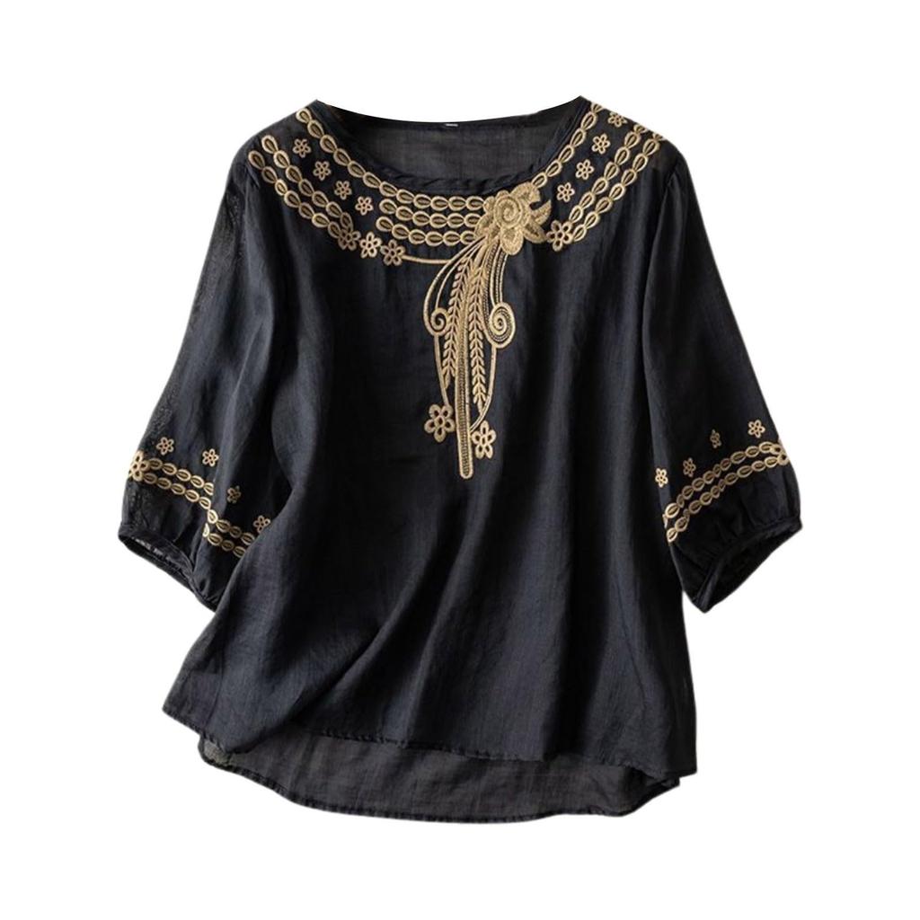 Women's Solid Color Cotton And Linen Short-sleeved Embroidered Retro Breathable T-shirt Round Neck Top