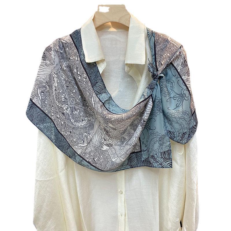 Summer Fresh Mint Green Double Crepe Silk Chain Shape Pattern Mulberry Silk Versatile Long Silk Scarf Scarf