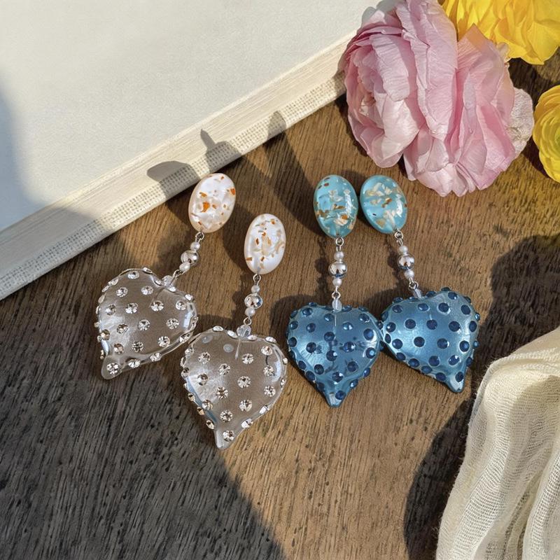 Silver Needle Rhinestone Resin Heart Earrings - Elegant & Versatile Light Luxury for Women