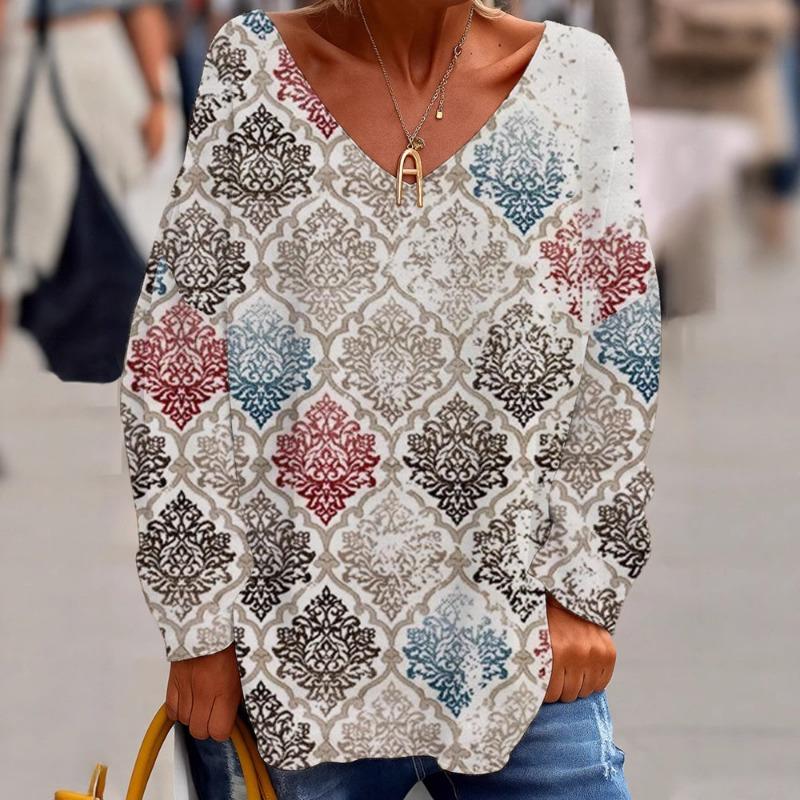 2025 Neuer Damen Patchwork Casual V-Ausschnitt Langarm Pullover Digital bedrucktes Oberteil
