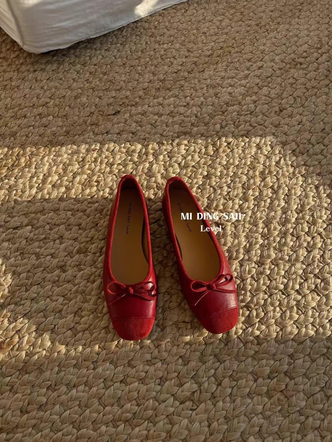 

French gentle soft-soled single shoes fairy shoes spring and summer retro evening breeze bow ladyshoes flat shoes ballet shoes 35 красный