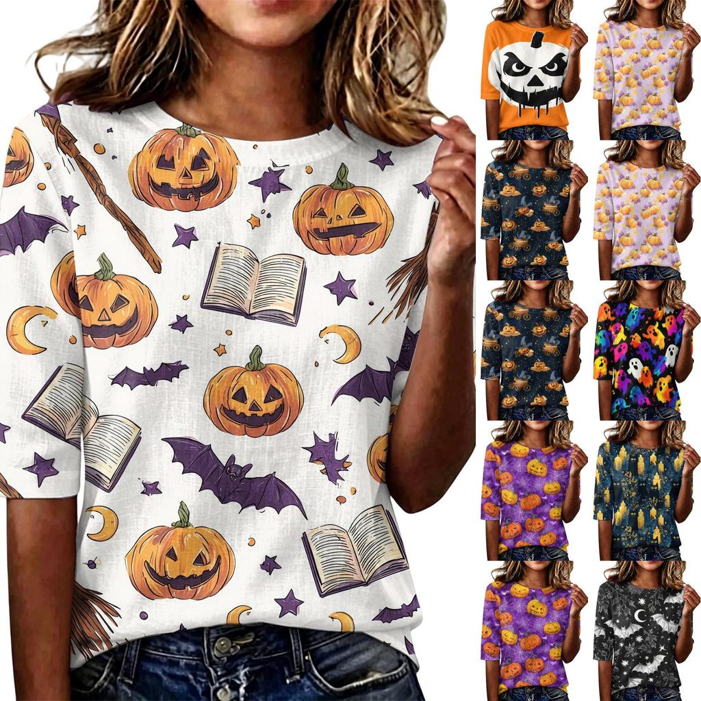 Loose Fit Womens Casual Short Sleeve Top Round Neck Lightweight Comfortable Pullover Shirt with Halloween Themed Print