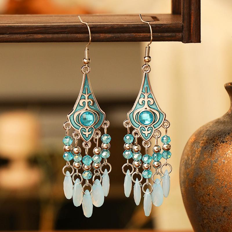 Vintage Elegant Crystal Water Drop Dangle Earrings for Women Ethnic Temperament Long Geometric Handmade Earring Female Jewelry