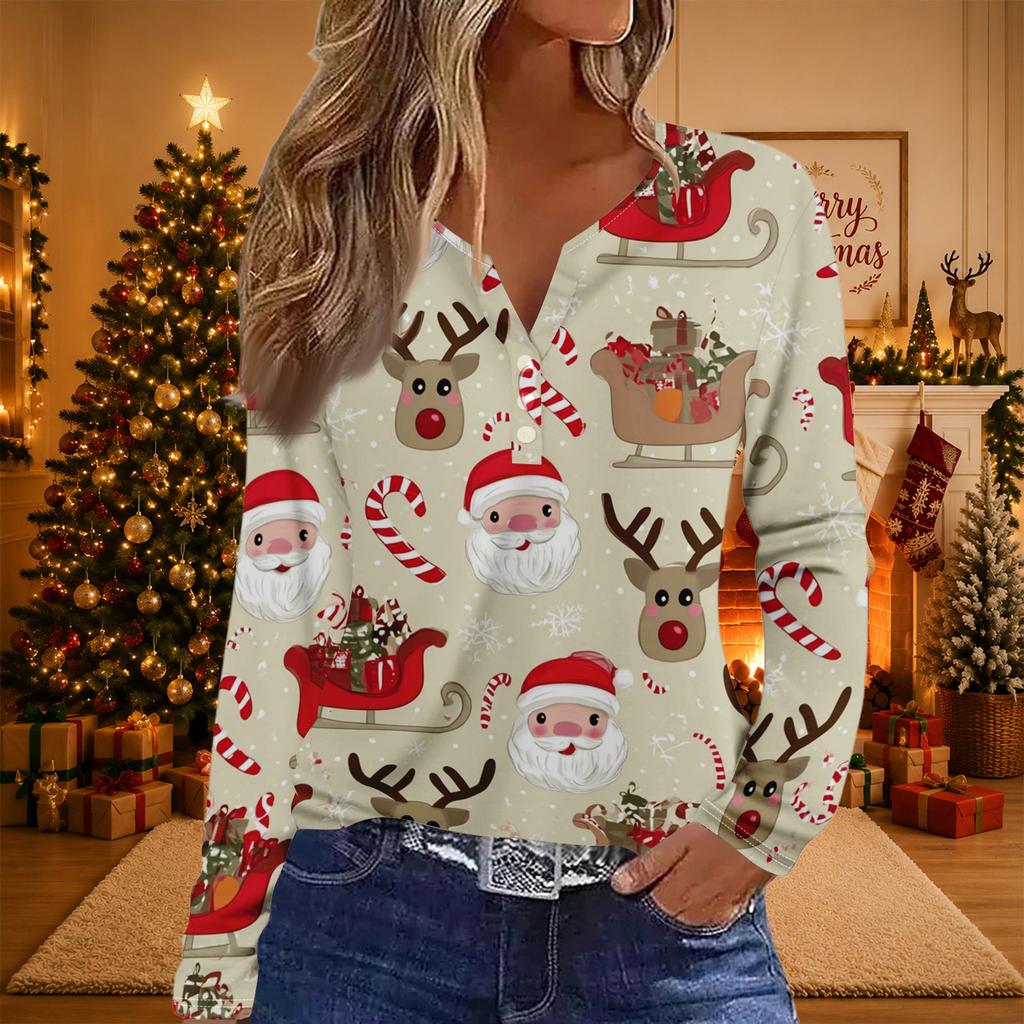 Women's Casual Christmas Print V-Neck Long Sleeve T-Shirt with Decorative Buttons for Holiday Parties