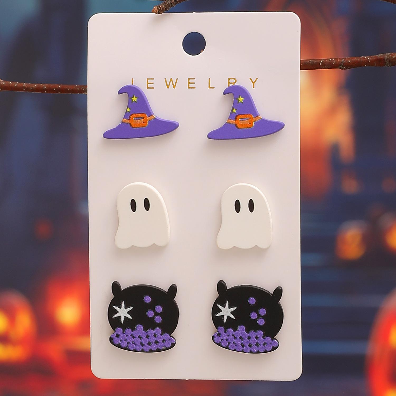 3 Pairs/sets Cute Cartoon Halloween Purple Witch Hats Horror Ghost Lacquered Acrylic Stud Earrings for Women Jewelry Sets Gifts фиолетовый