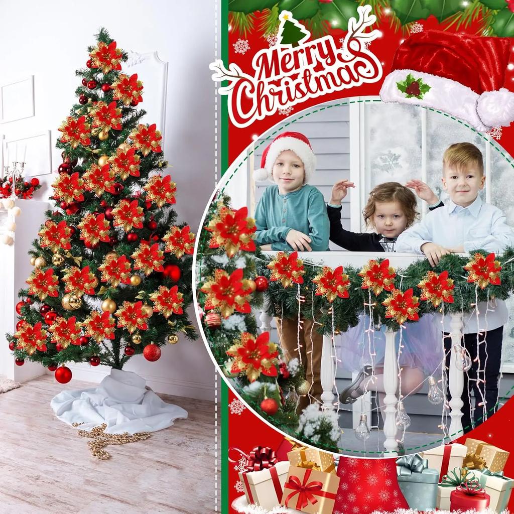 Glitter Christmas Poinsettia Flower Decoration Double Layer Gold Glitter Sparkle Holly Artificial Flower for Xmas Tree Ornaments