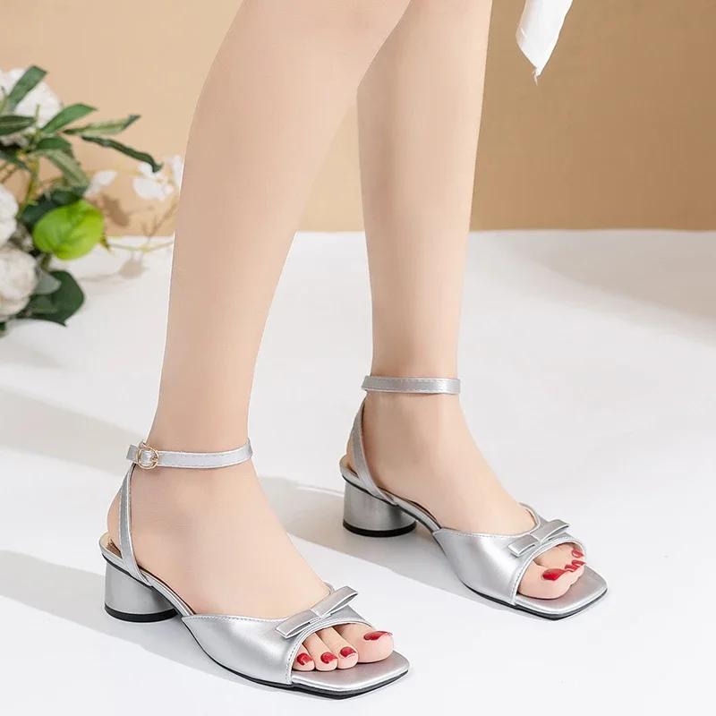 Fashion Ladies Shoes 2025 Ankle-wrap Women's Sandals Elegant Dress Sandals Women Square Toe Bow Tie Buckle Strap Med Heel Shoes Female