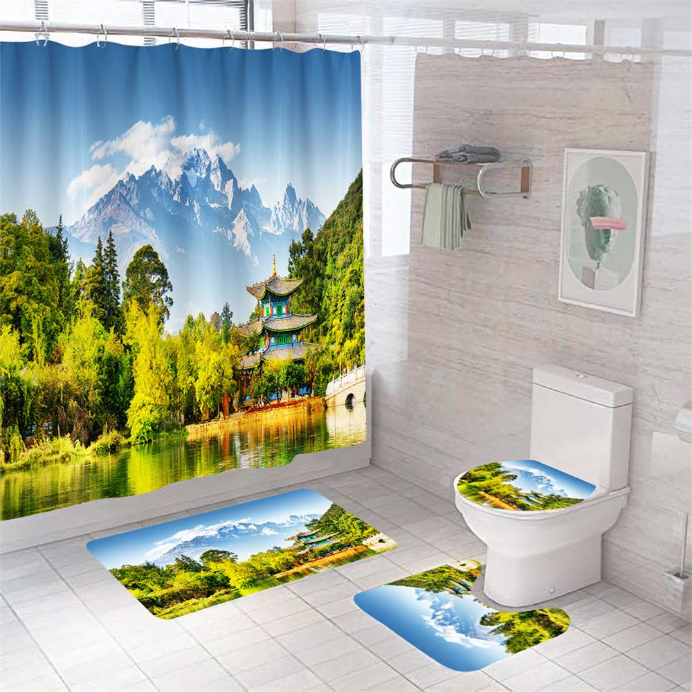 Nature Scenery Shower Curtain Set Green Forest Mountain River Landscape Bathroom Shower Curtain Waterproof Fabric Bathroom Sets