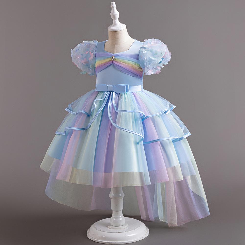 New-style Children's Puff-skirted Ball Gown: Rainbow Tulle Train, Tiered Skirt, Girls' Performance Princess Dress