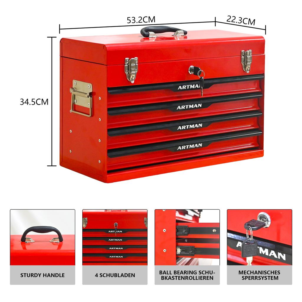 20-Inch Steel Tool Box with Drawers – Tool Storage Box with Metal Latch – Powder-Coated Tool Cabinet (RED)