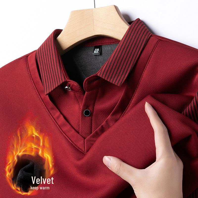 Winter Sale: Men's Fleece-Lined Two-in-One T-Shirt with Shirt Collar – Thick, Warm Base Layer