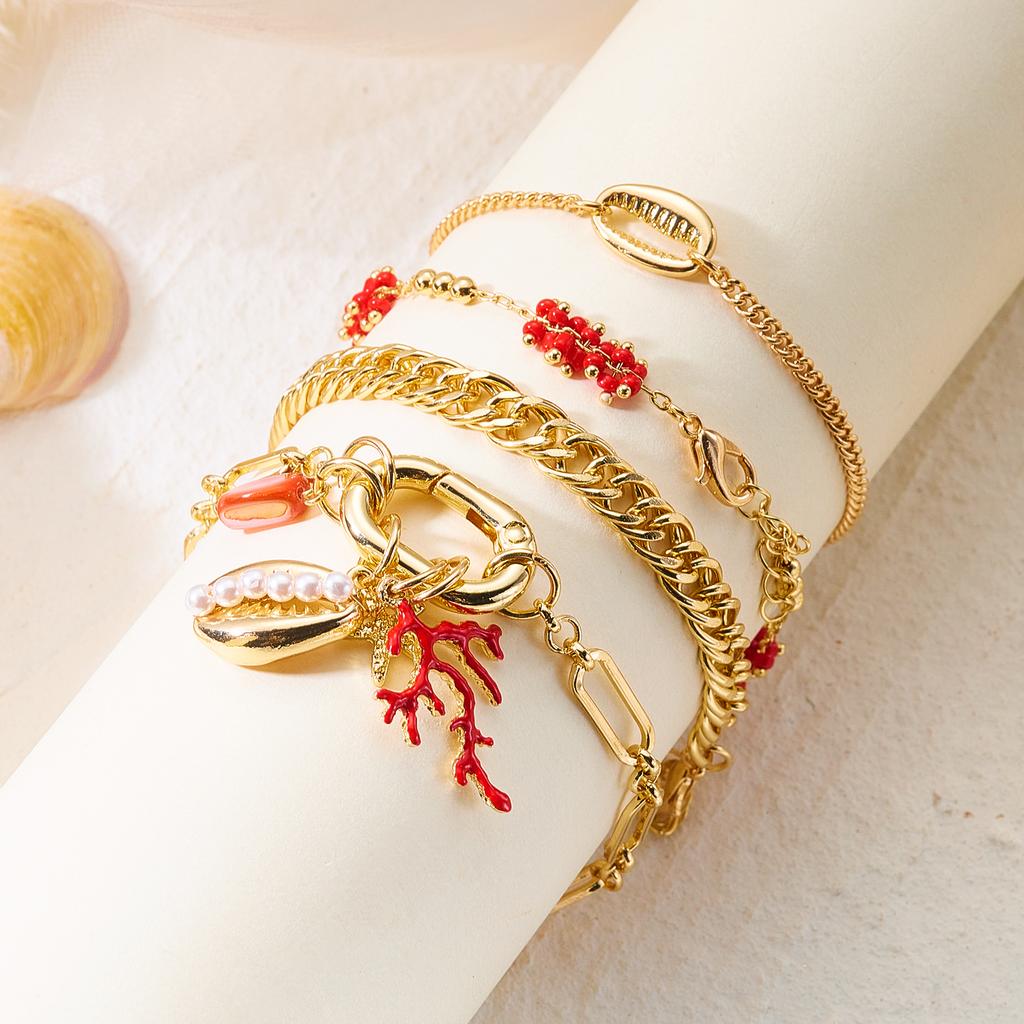 Boho Multilayer Stacked Bracelets Set For Women Ocean Red Coral Starfish Shell Beaded Metal Chain Bangles Summer Beach Jewelry