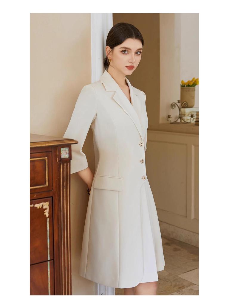 2024 Women's Beige Pleated Skirt Dress - Summer Light Luxury, Professional OL Host Wear