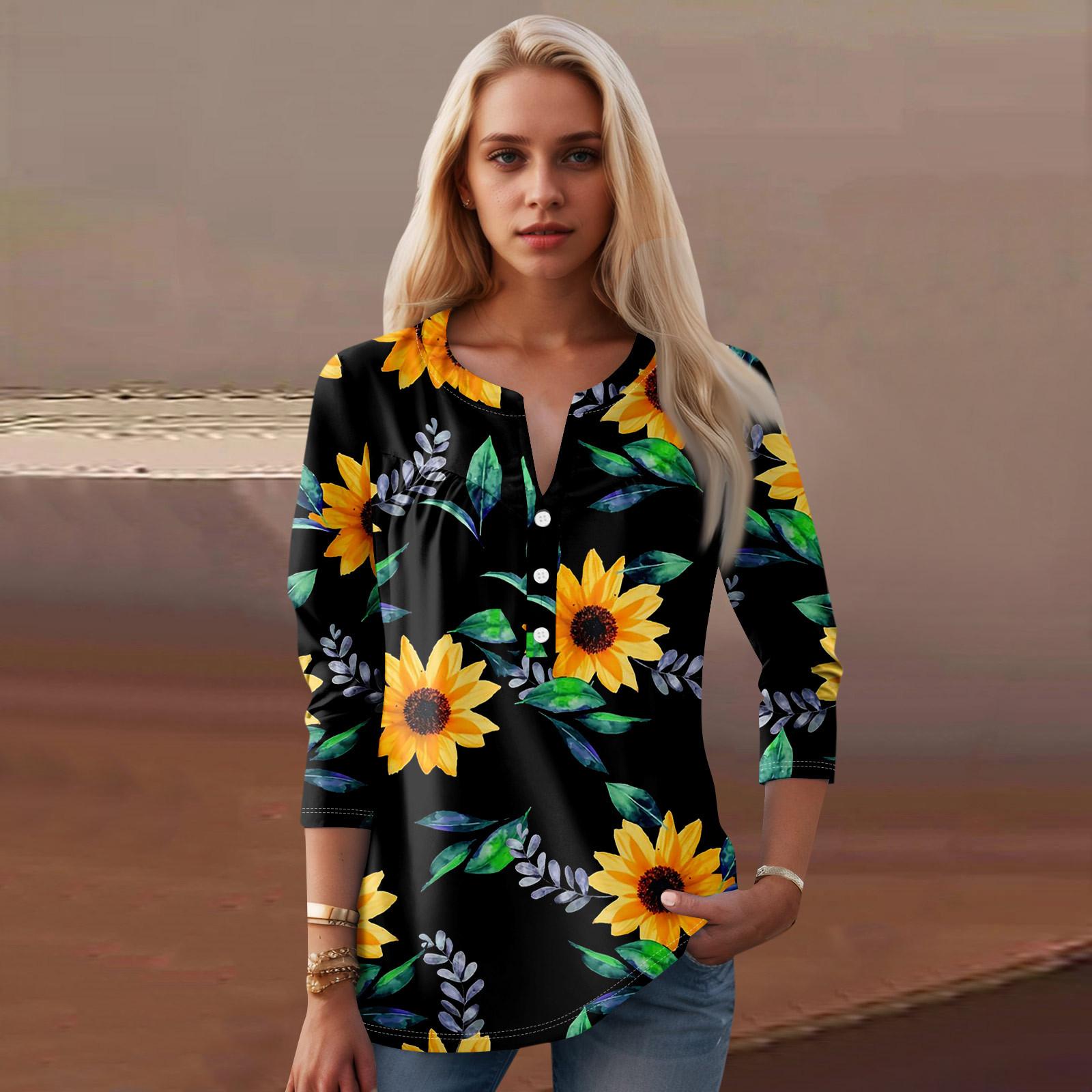 

Женская мода повседневный топ с длинным рукавом и круглым вырезом с цветочным принтом L чёрный