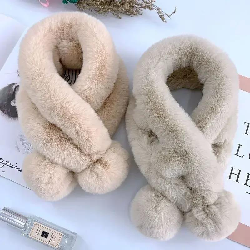 Girl's Autumn and Winter Fur Rabbit Plush Thick Warm Scarf Fashion Solid Color Fur Ball Cross Student Clothes Accessories