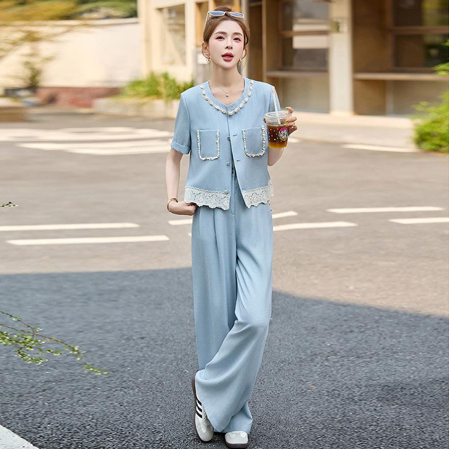 Temperamentli sotsialist Xiaoxiang fan kostyumi ayollar yozgi yangi dizayn hissi moda professional keng oyoqli shim ikki qismli to'plam