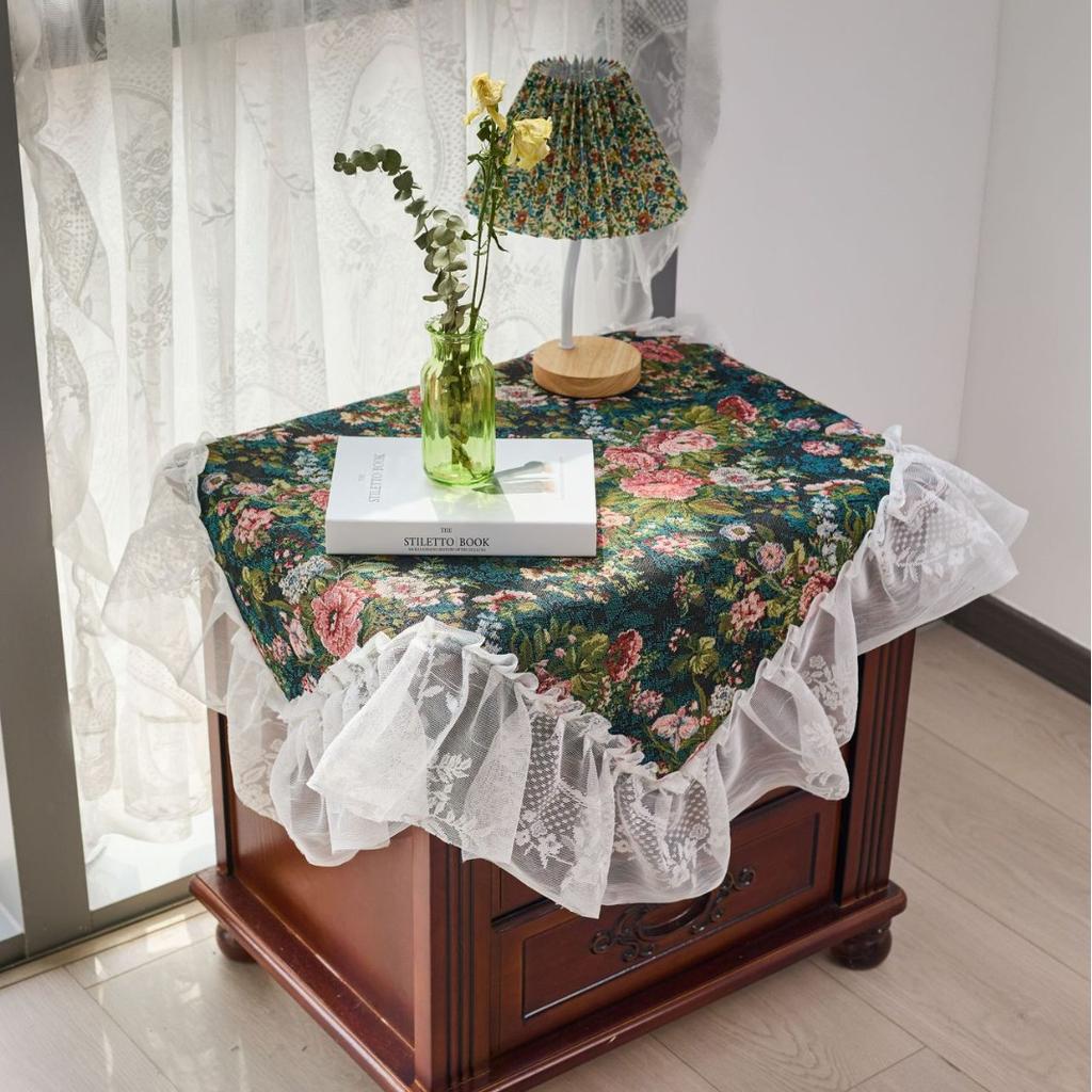 Tablecloth Jacquard Green Rose Oil Painting Plant Outdoor Tablecloth Lace Ruffle Coffee Machine Cover