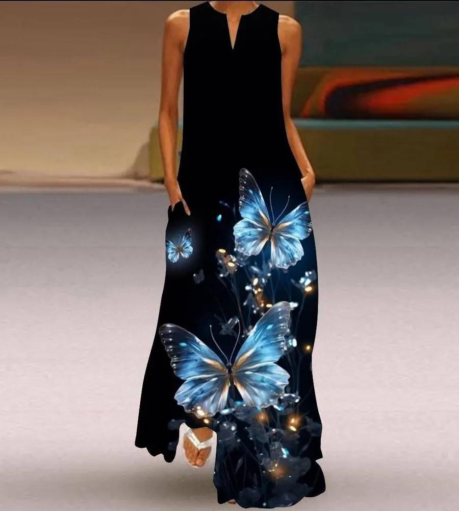 Women's New Spring And Summer Fashion Classic V-neck Color Printing Sleeveless Long Dress