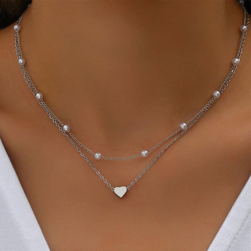 Double-Layer Heart Pendant Pearl Choker Necklace for Women