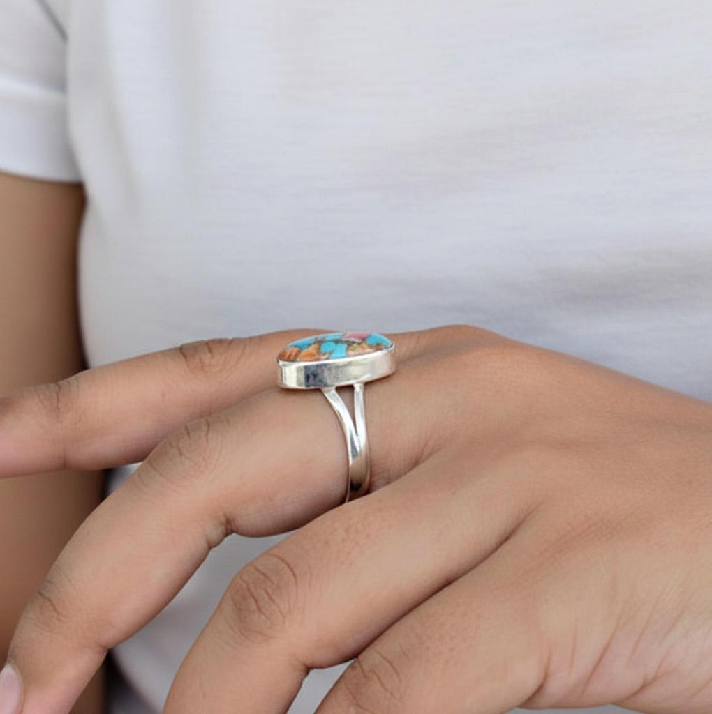 Oyster Turquoise Stacking Ring, 925 Sterling Silver, Minimalist Statement Ring, Multicolor Gemstone Ring