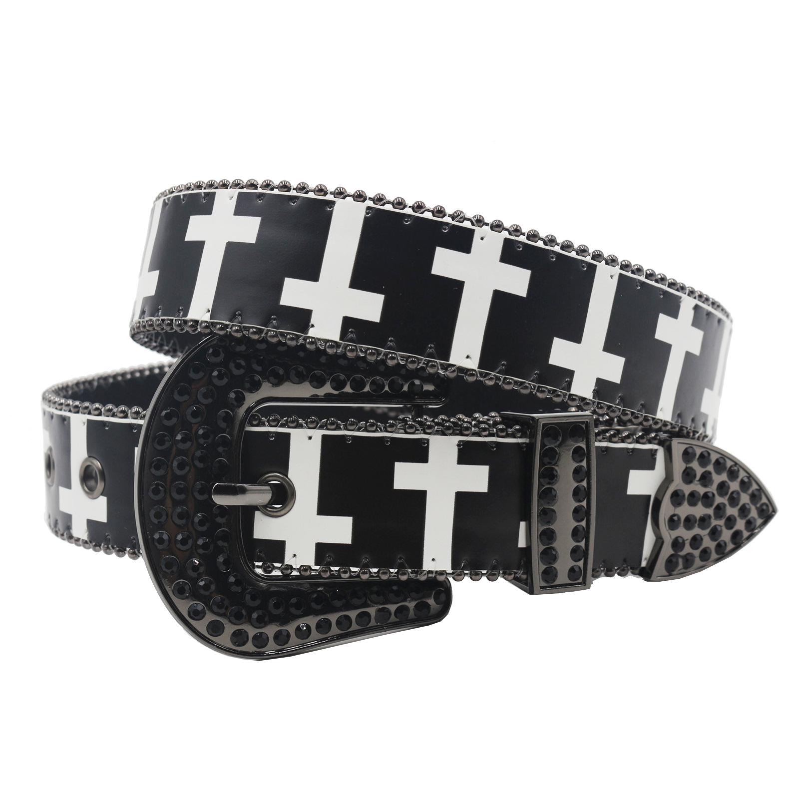 

Original Black & White Cross Rhinestone Y2K PU Leather Trend Belt 105 cm