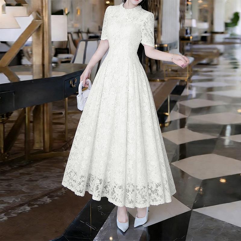 

ZANZEA Женское повседневное летнее длинное платье с круглым вырезом, коротким рукавом, пэчворк и кружевом S белый