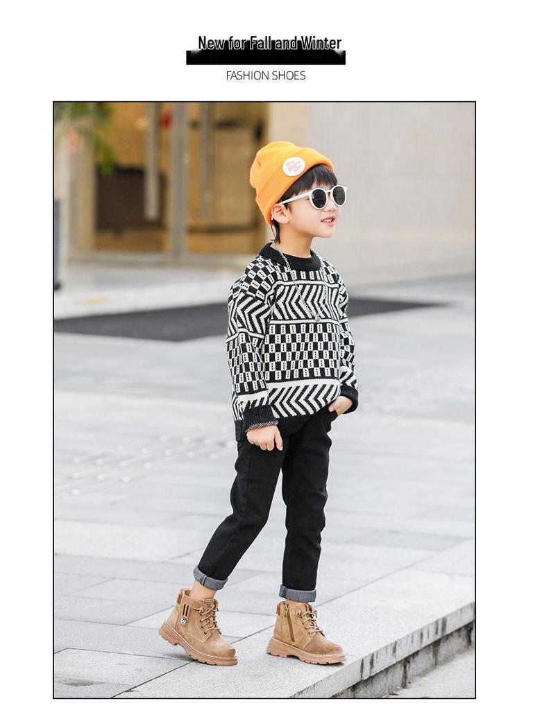 Children's Black Martin Boots - Boys' 2025 Autumn & Winter Non-slip Velvet Hiking Boots