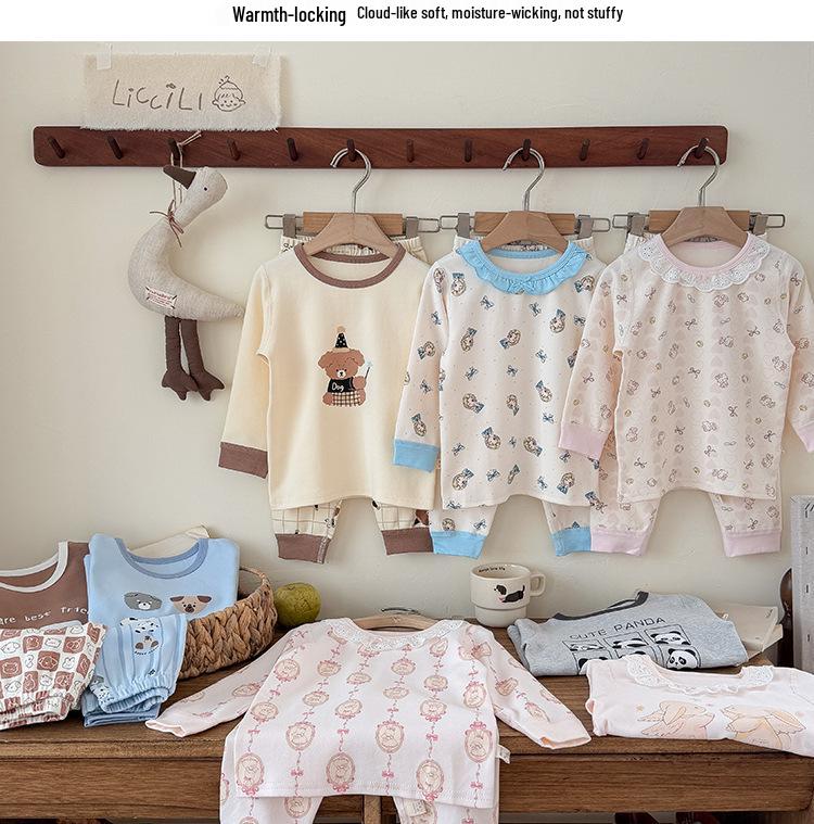 Children's Cozy Velvet Cotton Long Johns and Pajama Set for Autumn and Winter, Seamless and 320G Thickened, Class A Quality.