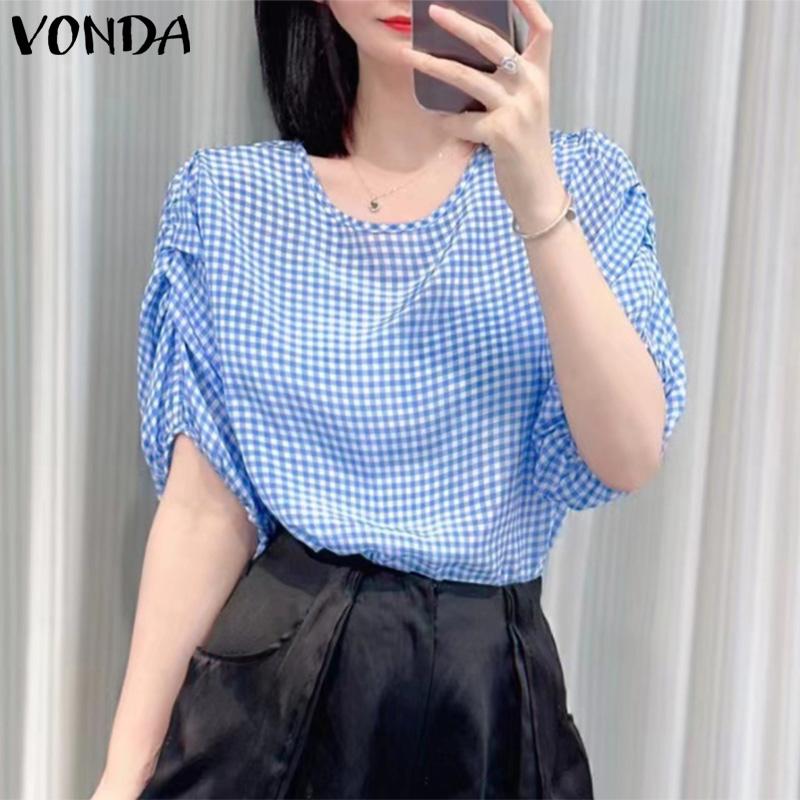 

VONDA женская летняя свободная блузка в клетку с круглым вырезом и короткими рукавами, сплошной цвет XL синий