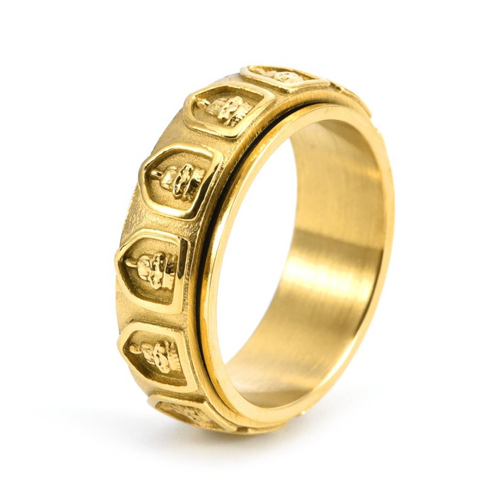 Men's 18K Gold Plated Titanium Steel Spinner Ring Buddhist Arhat Engraved Rotating Jewelry Meditation Gift for Men