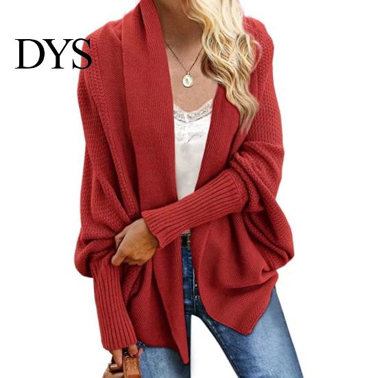 Women Cardigan Coat Collarless Batwing Long Sleeve Open Front Knitting Layering Jacket Elastic Cuffs Solid Color Loose Fit Knitted