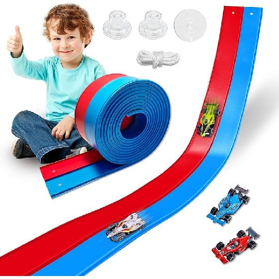 Flexibles Rennbahnspielzeug für Kinder 4,5 m mit 4 Autos & Saugnäpfen, Tragbare zweispurige Rennbahn kompatibel mit Hot Wheels & 1/64 Die-Cast-Autos,