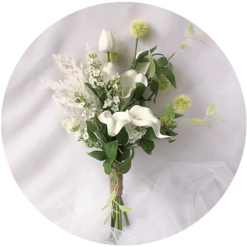 Customizable Realistic Soft Artificial Flower Hand Bouquet Calla Lily Tulip French Elegant Bride Pure White Wedding Photography