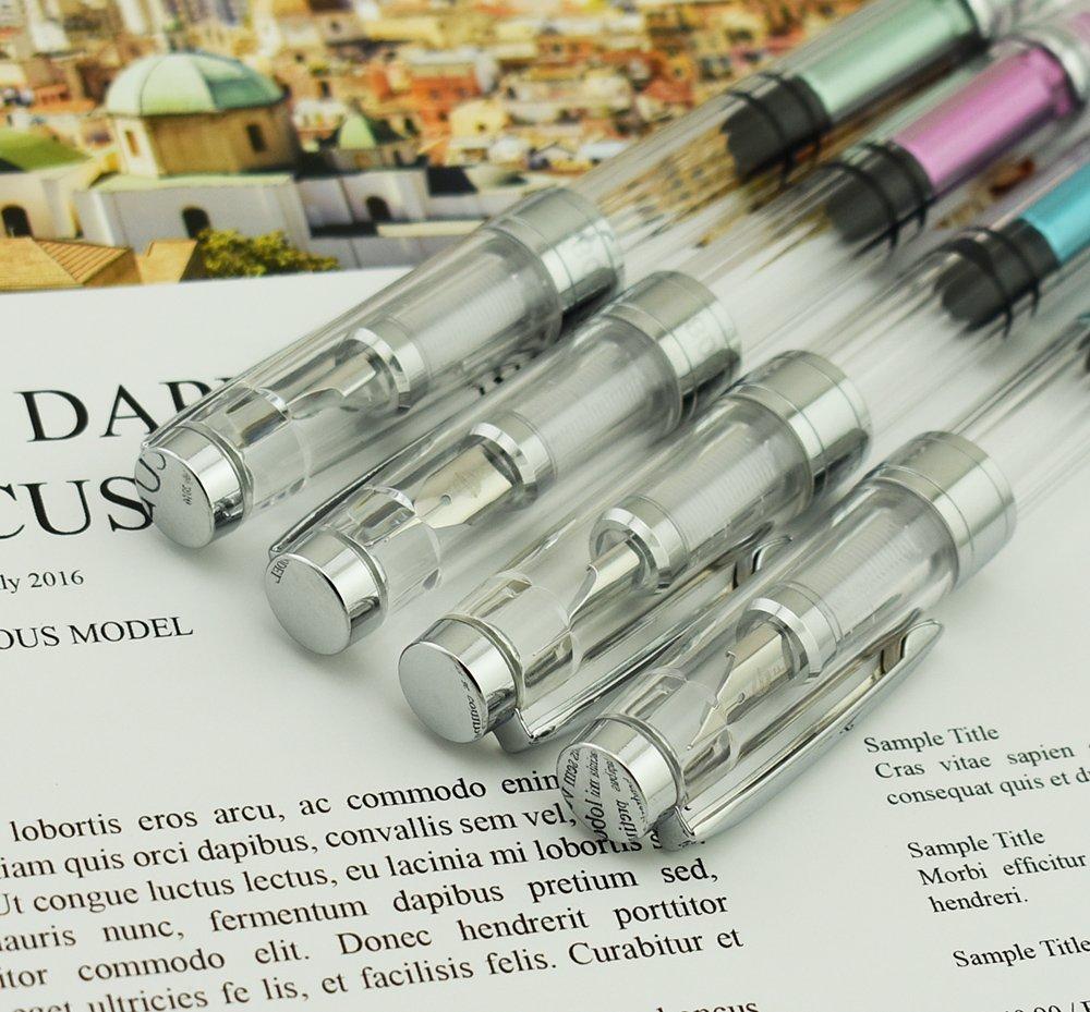 Yongsheng 3008 Fountain Pen, Extra Fine Nib, EF, Transparent Barrel, Silver Trim, Screw-On (Set of 4)