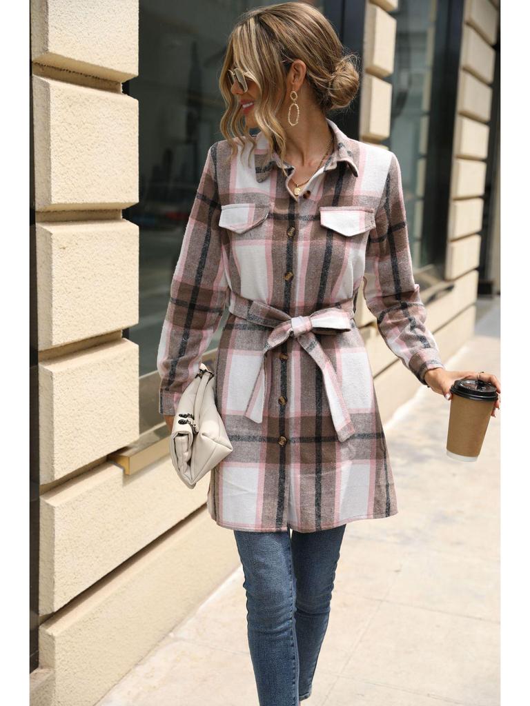 Elegante Vestito a Quadri Strisciati a Maniche Lunghe da Donna - Moda Primavera/Autunno