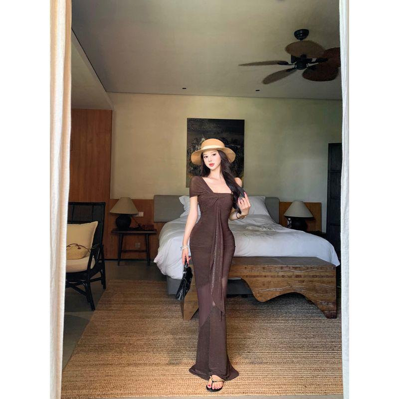 

Kumikumi High Sense Solid Mesh Patchwork Sloping Shoulder Dress Women Summer Chic Slim fit Drape Hip Skirt Curry color M